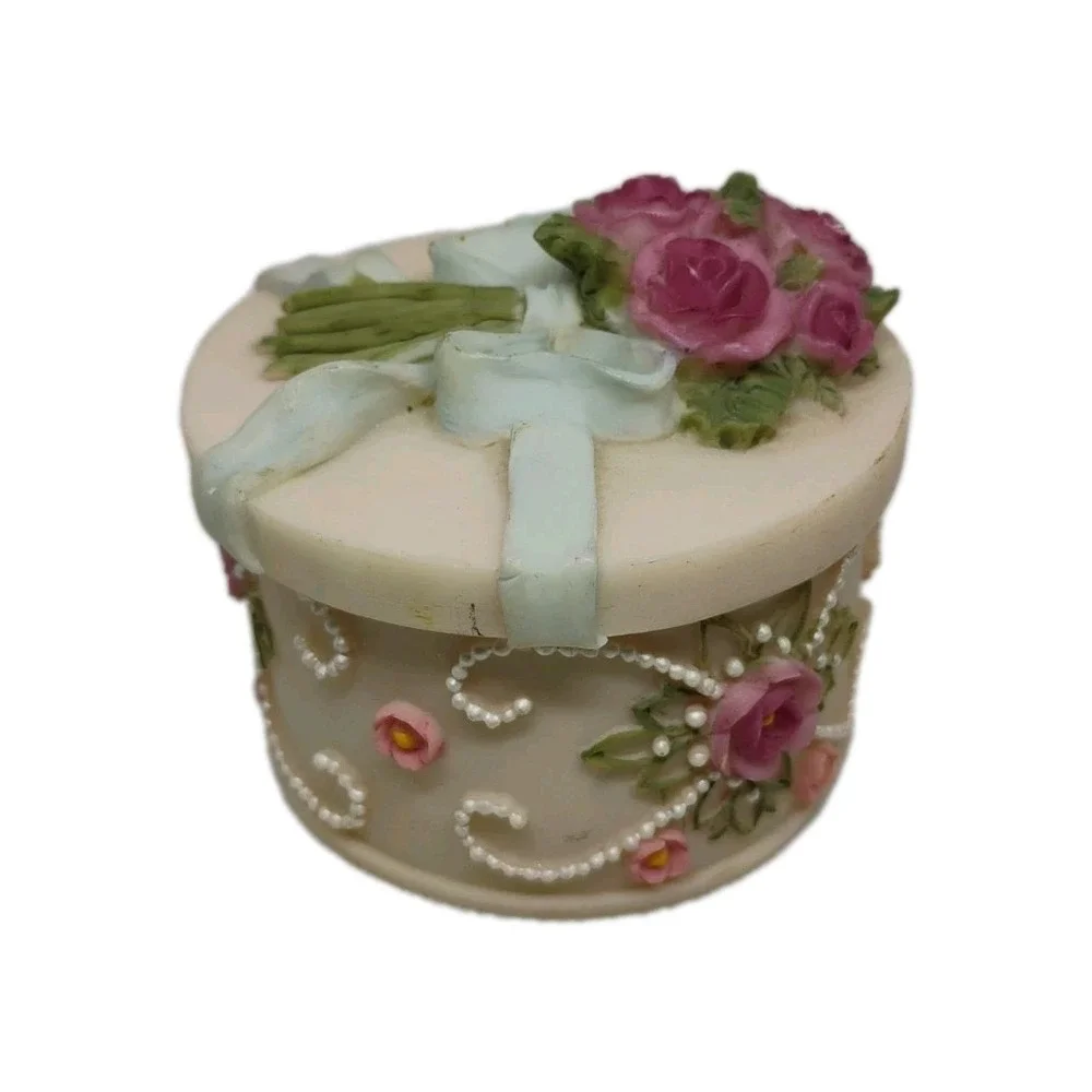 Vintage Dezine ? Hand Painted Roses‎ Pearls Trinket Box W/Lid